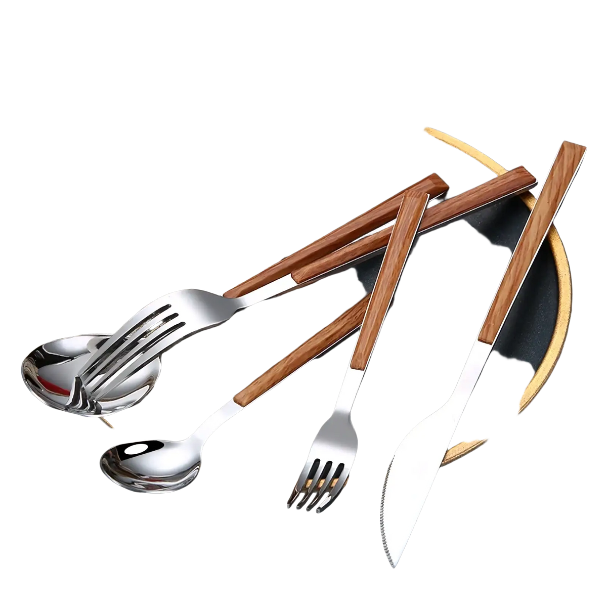Stainless steel flatware set with black wood handles elegantly arranged on a dark plate with warm-toned wooden handles
