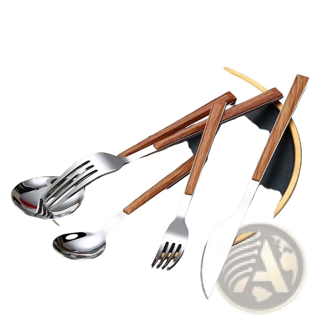 Stainless steel flatware set with black wood handles elegantly arranged on a dark plate with warm-toned wooden handles
