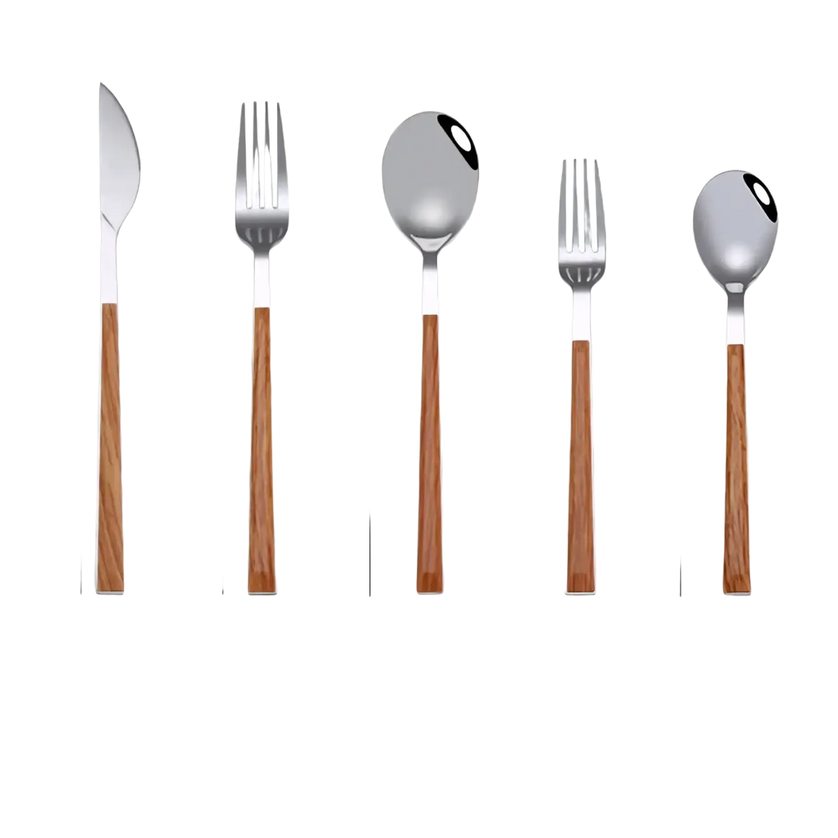 Set of five stainless steel flatware pieces with black wood handles featuring a polished modern design