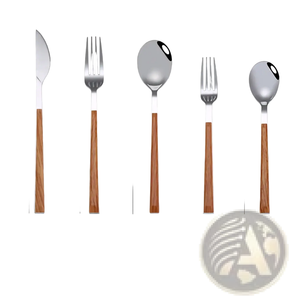 Set of five stainless steel flatware pieces with black wood handles featuring a polished modern design