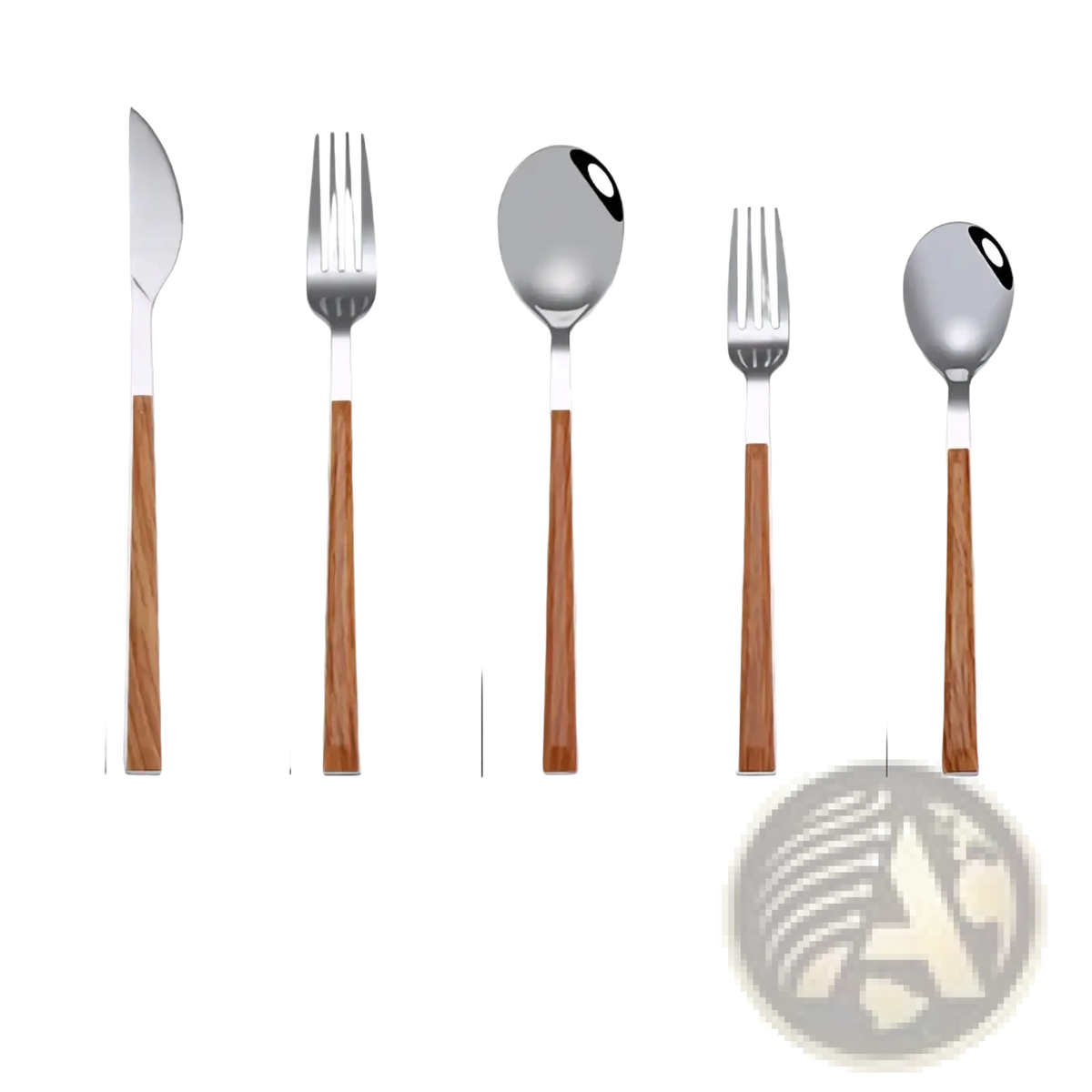 Set of five stainless steel flatware pieces with black wood handles featuring a polished modern design