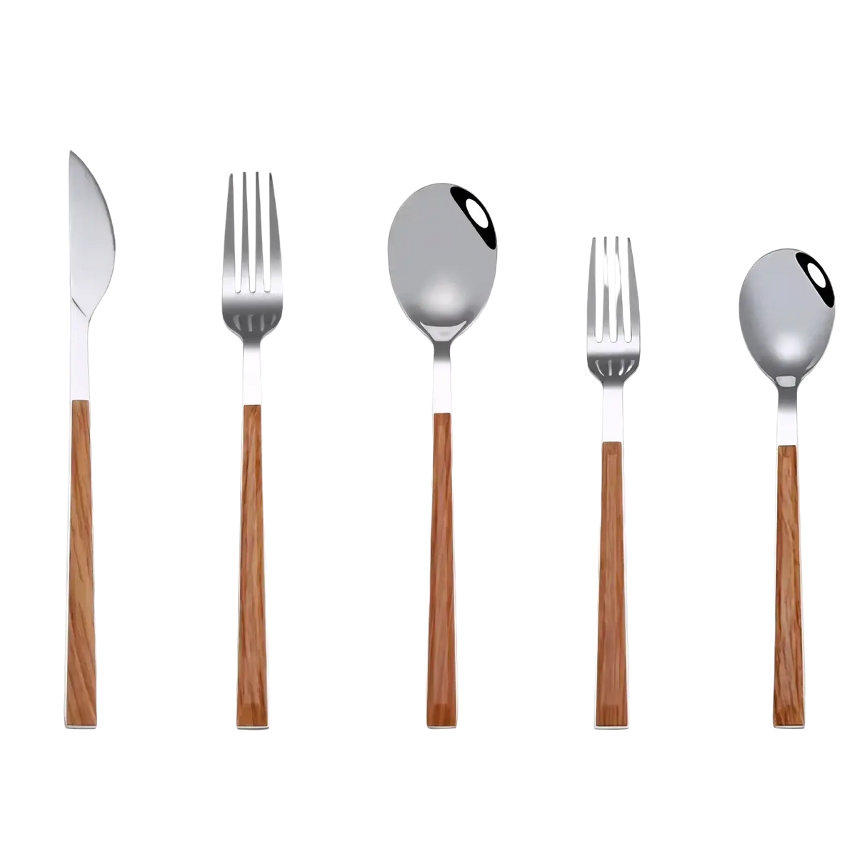 Set of five stainless steel flatware pieces with black wooden handles featuring a sleek modern design