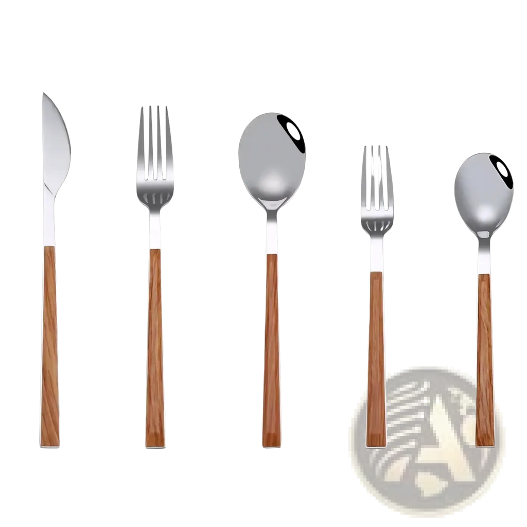 Set of five stainless steel flatware pieces with black wooden handles featuring a sleek modern design