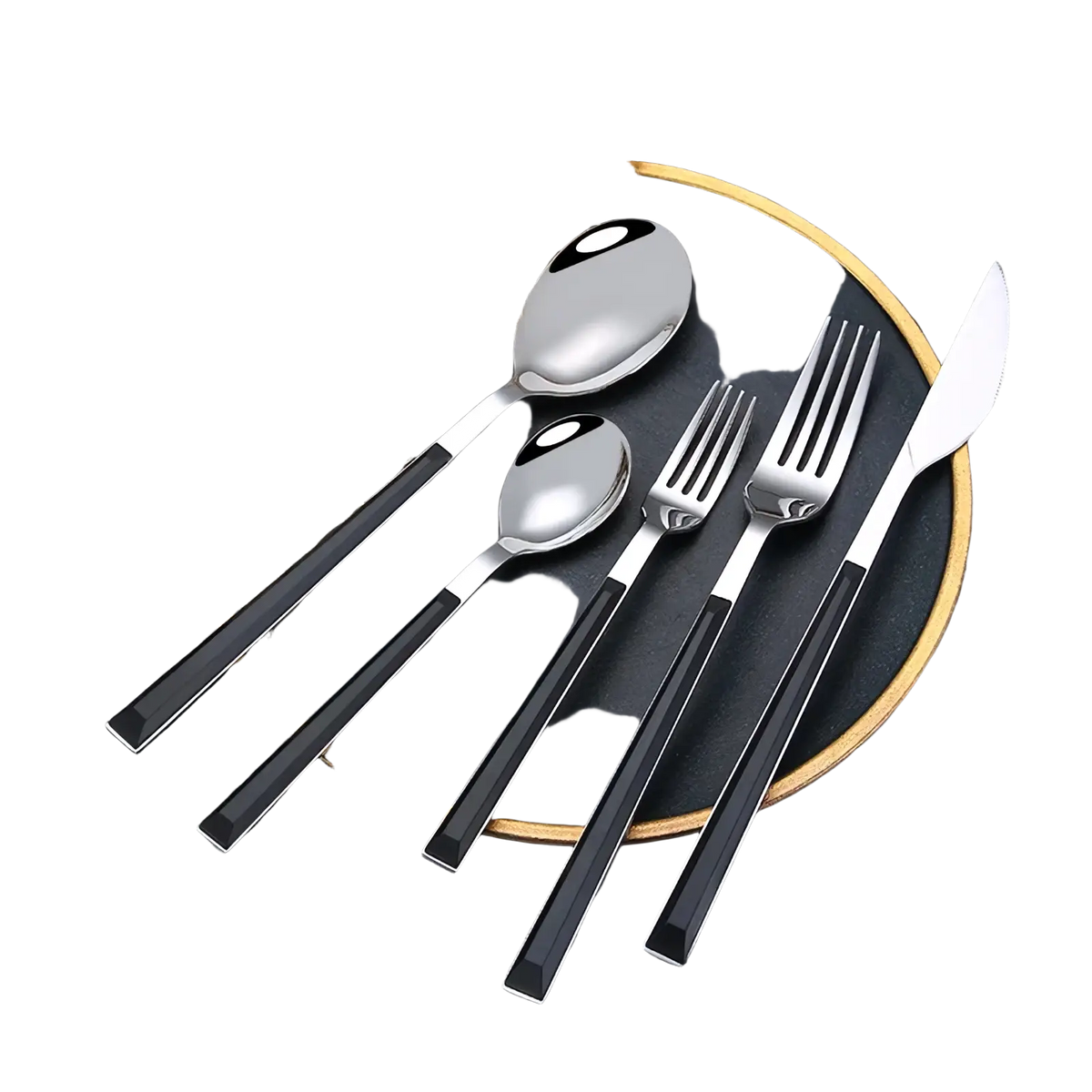 Modern stainless steel flatware set with sleek black wood handles and polished silver finish on utensils