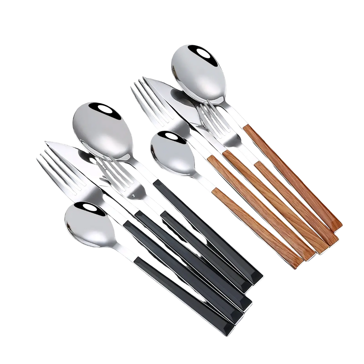 Set of stainless steel flatware with black wood handles featuring modern matte finish and wooden accents