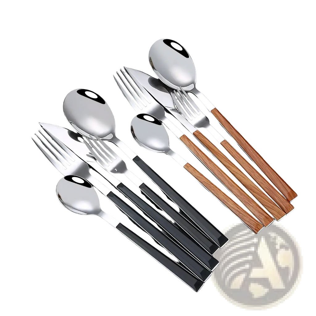 Set of stainless steel flatware with black wood handles featuring modern matte finish and wooden accents