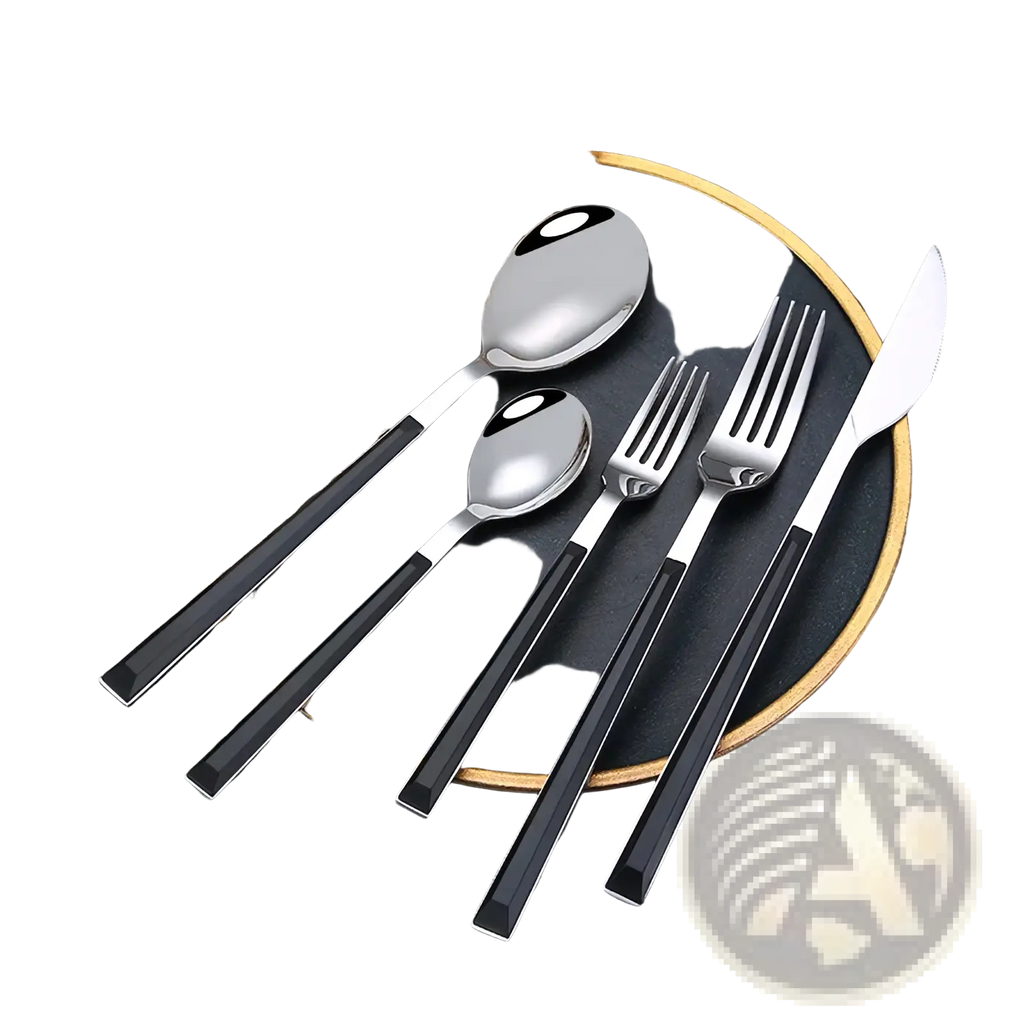 Modern stainless steel flatware set with sleek black wood handles and polished silver finish on utensils