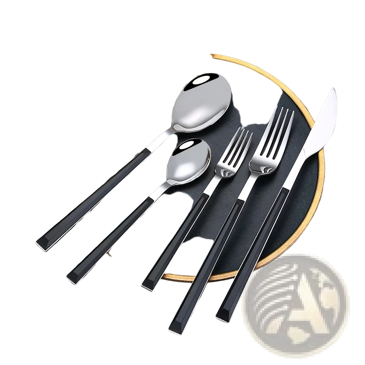 Modern stainless steel flatware set with sleek black wood handles and polished silver finish on utensils