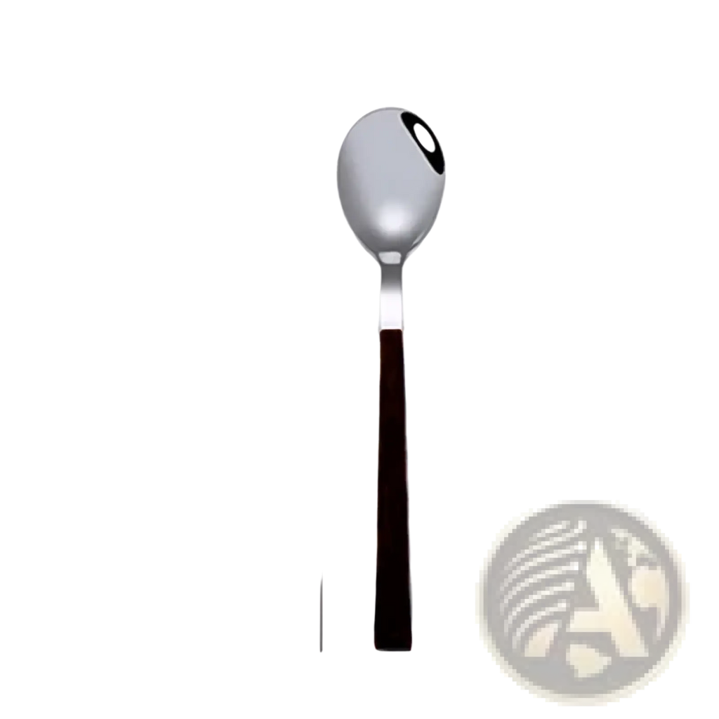 A sleek stainless steel spoon with a black wood textured handle from the stainless steel flatware set