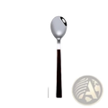 A sleek stainless steel spoon with a black wood textured handle from the stainless steel flatware set