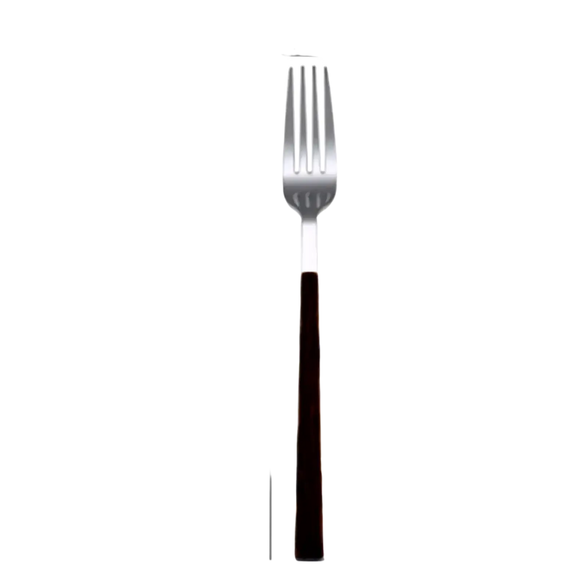 A stainless steel flatware fork with a polished silver head and dark brown matte black wood handle, 21cm long