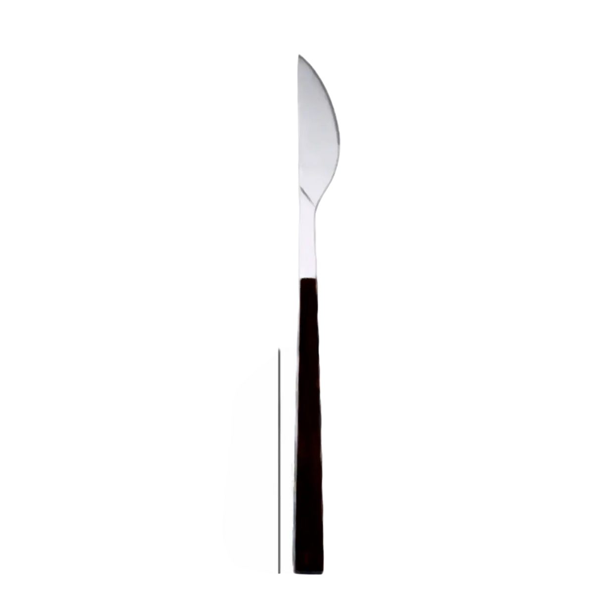 A sleek 22.5cm stainless steel dinner knife with a polished blade and dark brown wooden handle in black wood flatware set