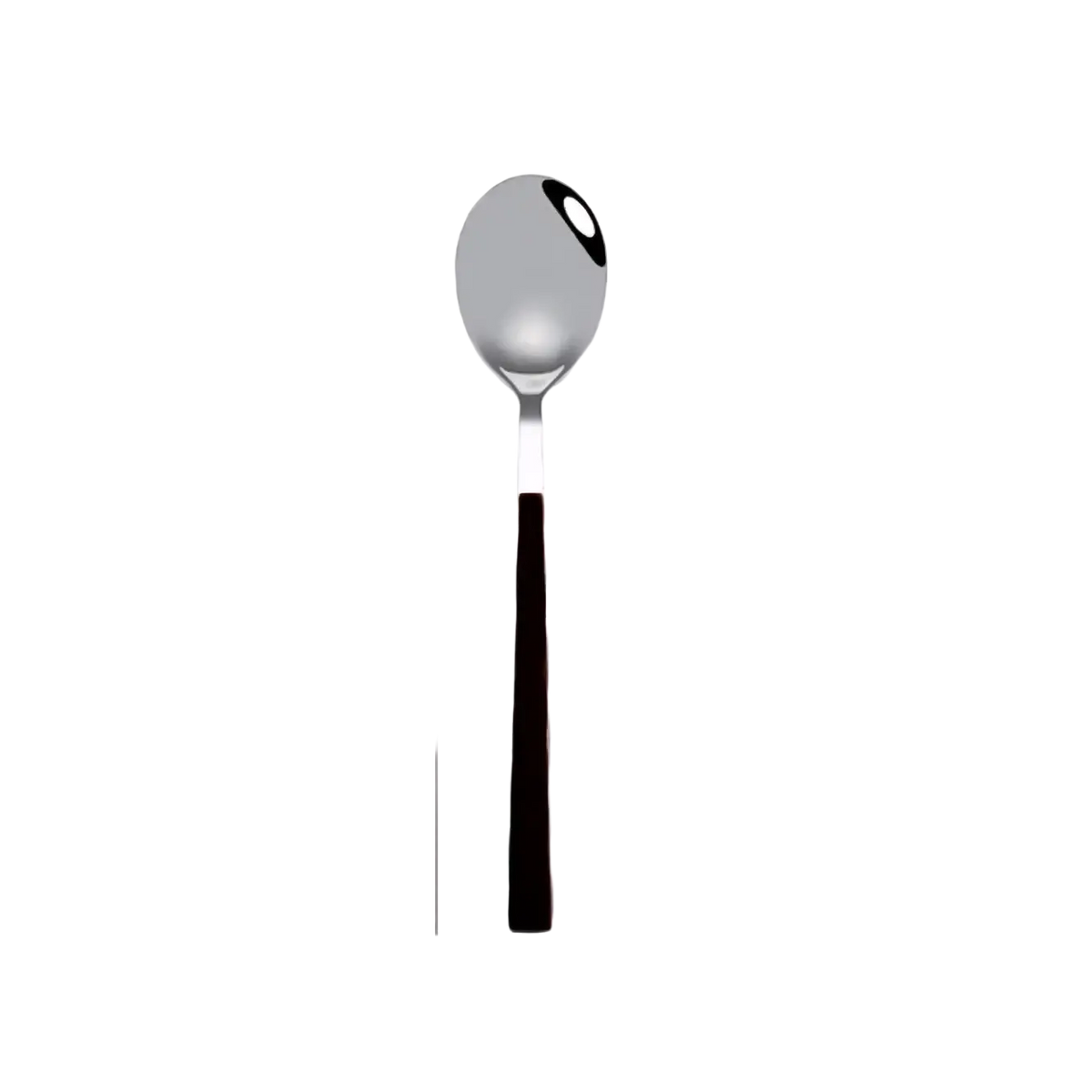 A sleek stainless steel spoon with black wood handle measuring 20.8cm from the stainless steel flatware set