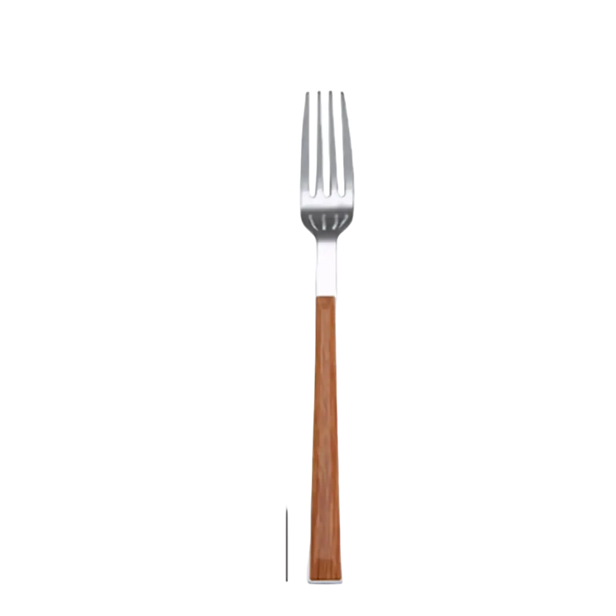 A sleek stainless steel fork with a warm natural wood handle from a stainless steel flatware set with black wood handles