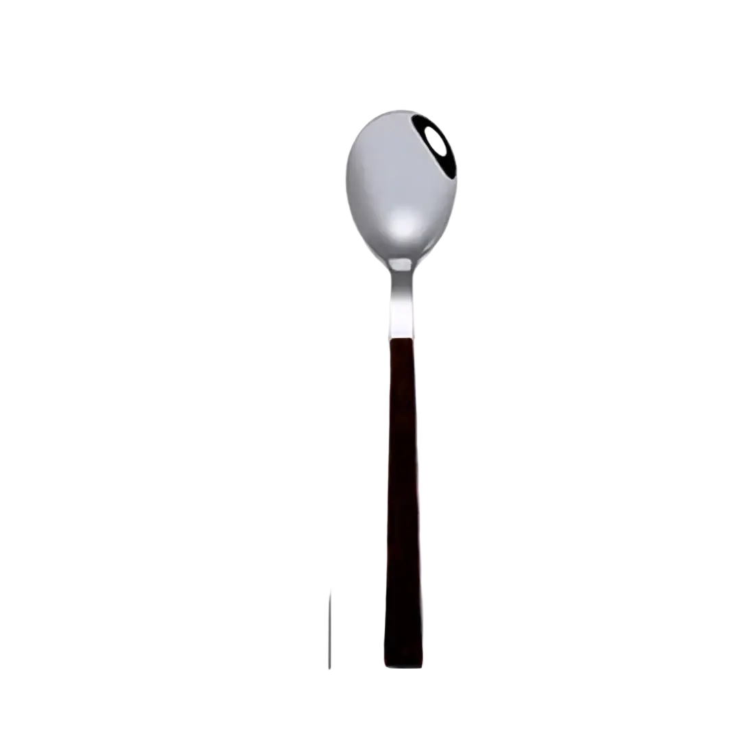 A sleek stainless steel spoon with a black wood textured handle from the stainless steel flatware set