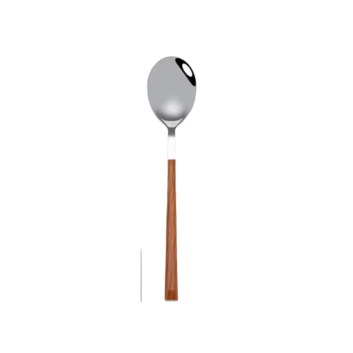 A stainless steel flatware spoon with a polished bowl and a warm-toned black wood handle for elegant dining