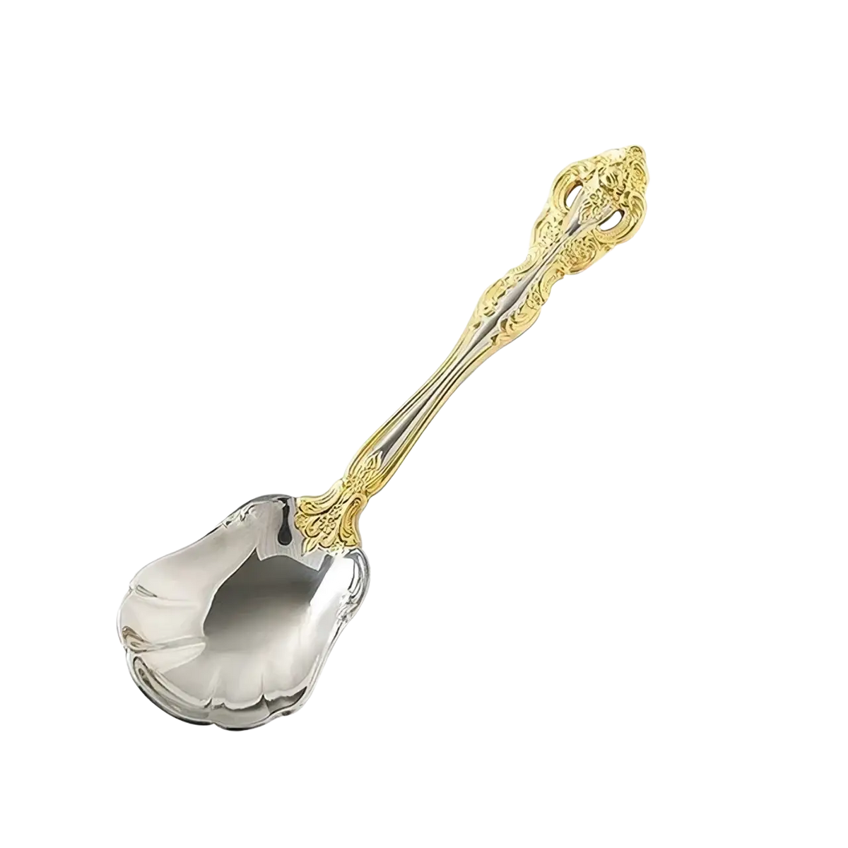 A 15cm stainless steel coffee spoon with silver bowl and gold inlaid filigree handle from flatware set