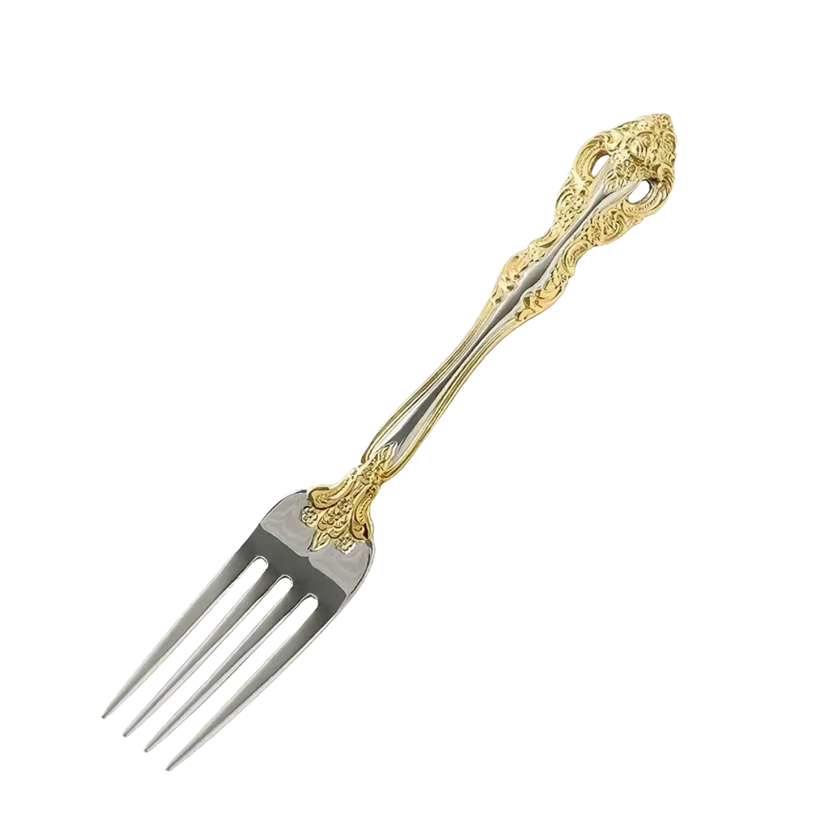 Ornate stainless steel flatware fork with gold inlaid accents and intricate floral detailing on the handle