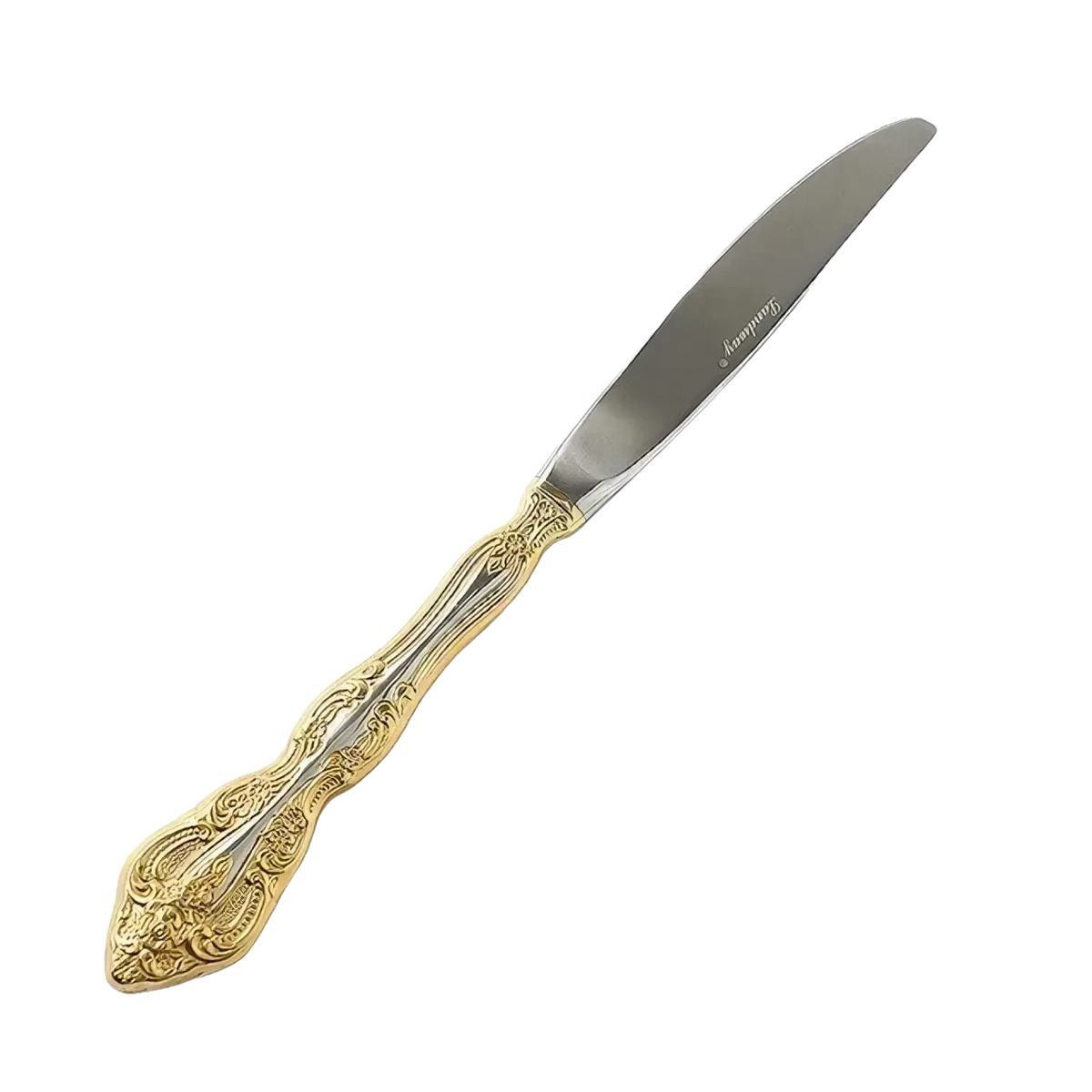 Elegant gold-handled main knife with polished stainless steel blade and intricate floral engraving in stainless steel flatware set