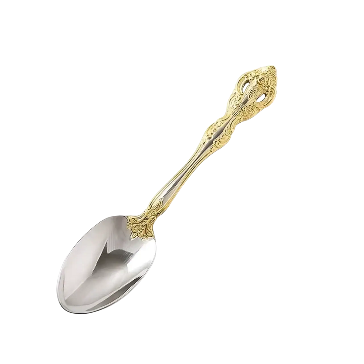 Elegant gold inlaid stainless steel dessert spoon with silver ornate filigree detailing from flatware set
