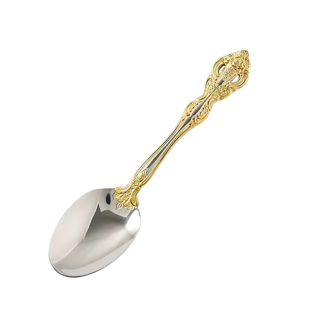 Elegant gold and silver stainless steel spoon with intricate filigree detailing in a gold inlaid flatware set