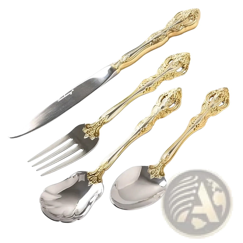Elegant stainless steel flatware set with gold inlaid ornate silver handles and polished metallic finish