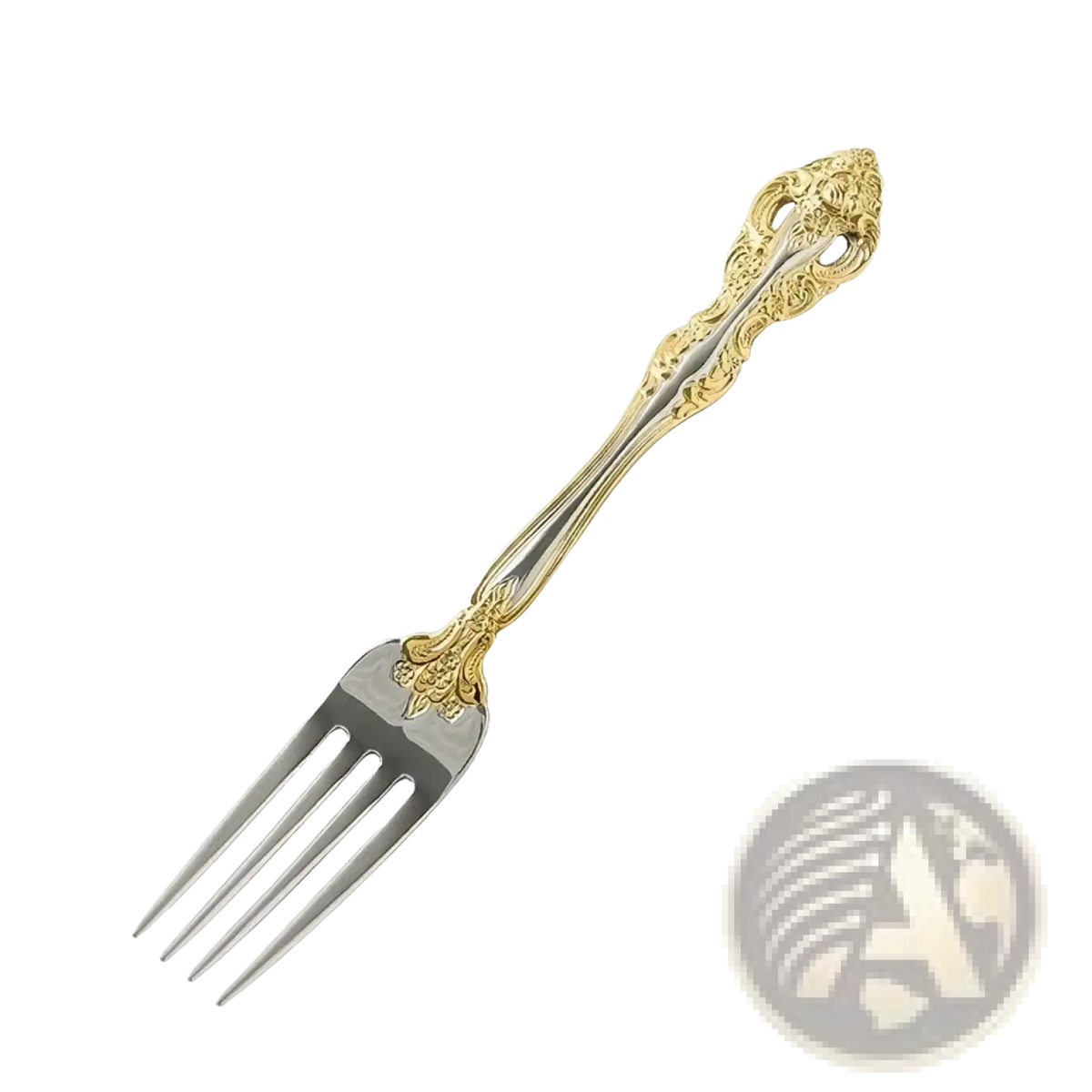 Ornate stainless steel flatware fork with gold inlaid accents and intricate floral detailing on the handle