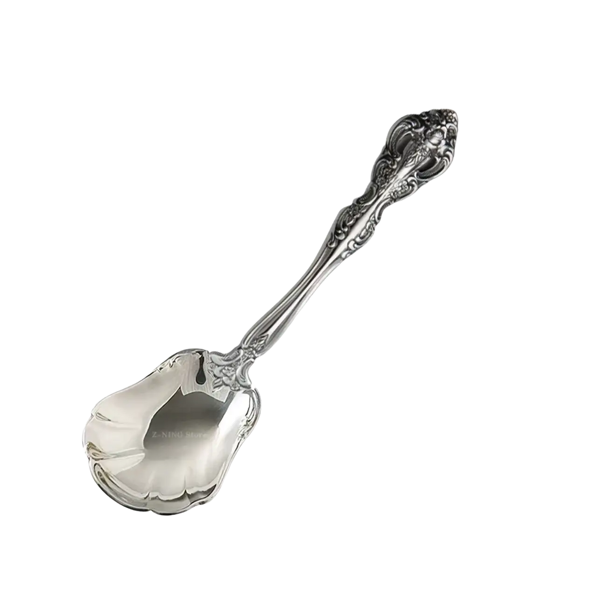 Silver coffee spoon with ornate vintage-style handle and scalloped bowl from stainless steel flatware set gold inlaid cutlery