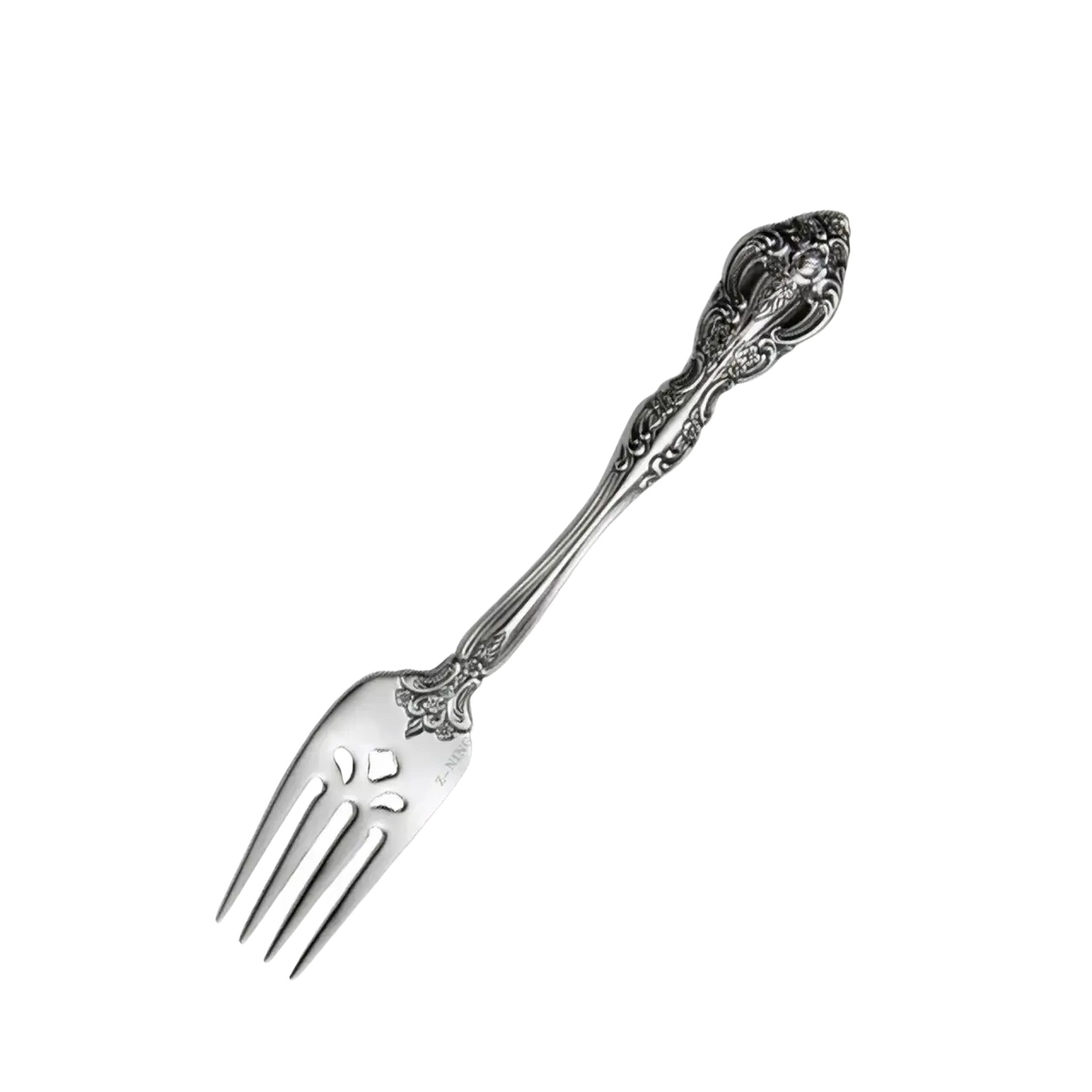 Silver fruit fork with ornate floral handle and decorative tines from stainless steel flatware set gold inlaid cutlery
