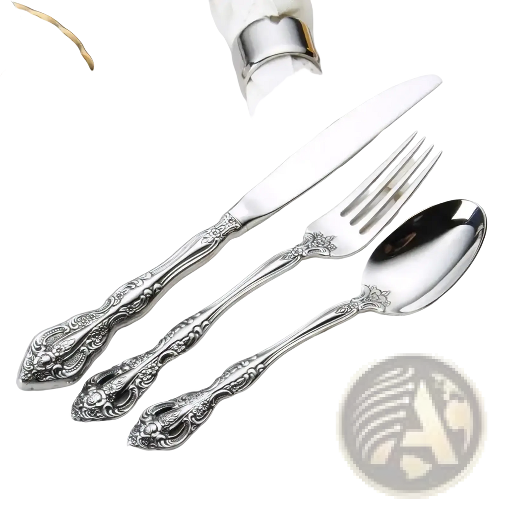 Silver stainless steel flatware set with gold inlaid ornate floral and scrollwork designs on handles