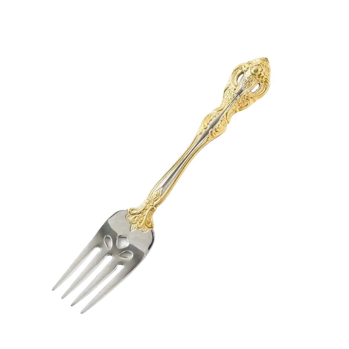 Gold and silver two-tone stainless steel fruit fork with intricate floral detailing from gold inlaid flatware set