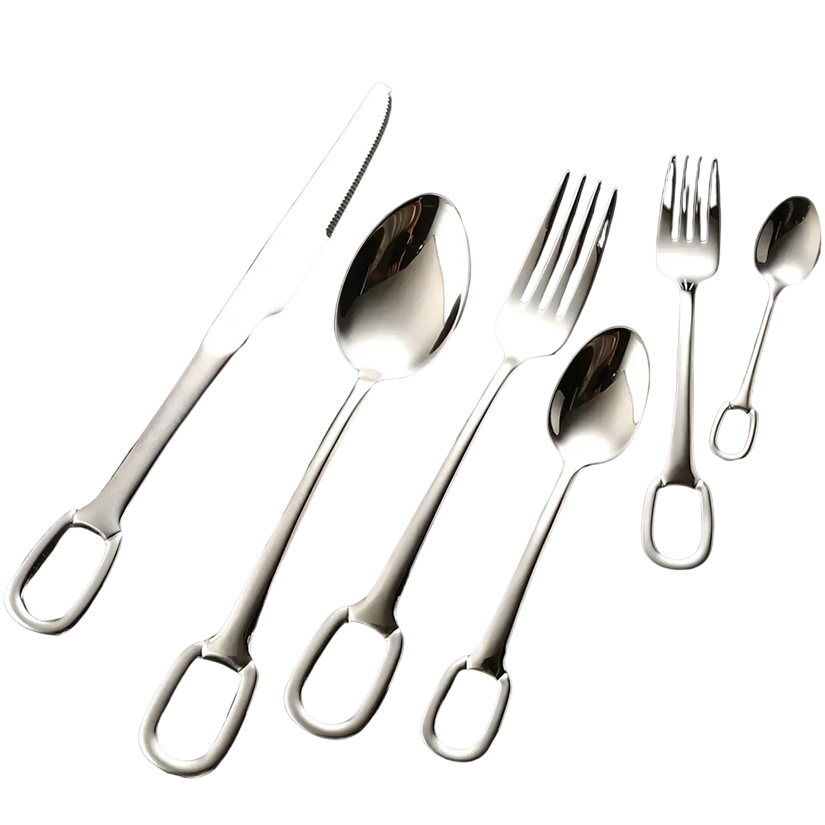 Set of stainless steel flatware with distinctive loop handles in polished silver finish for elegant dining
