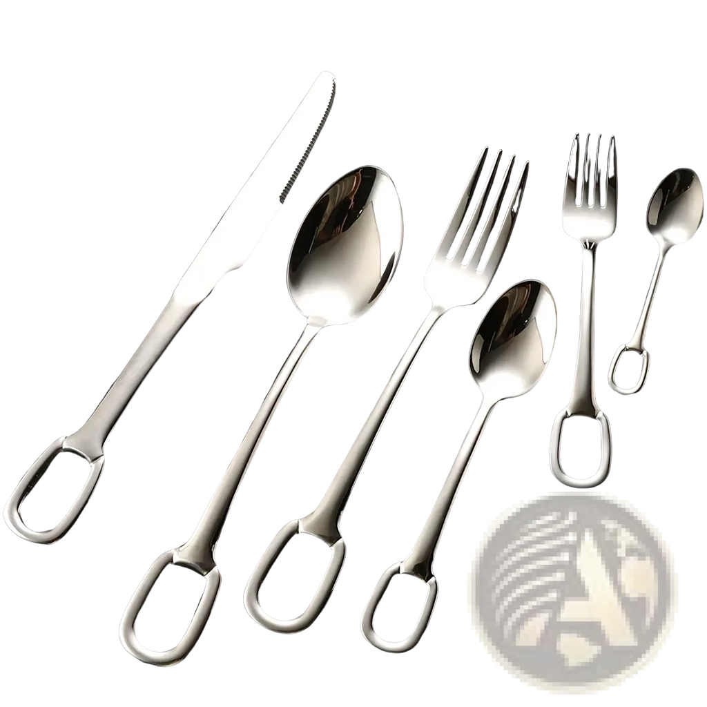 Set of stainless steel flatware with distinctive loop handles in polished silver finish for elegant dining