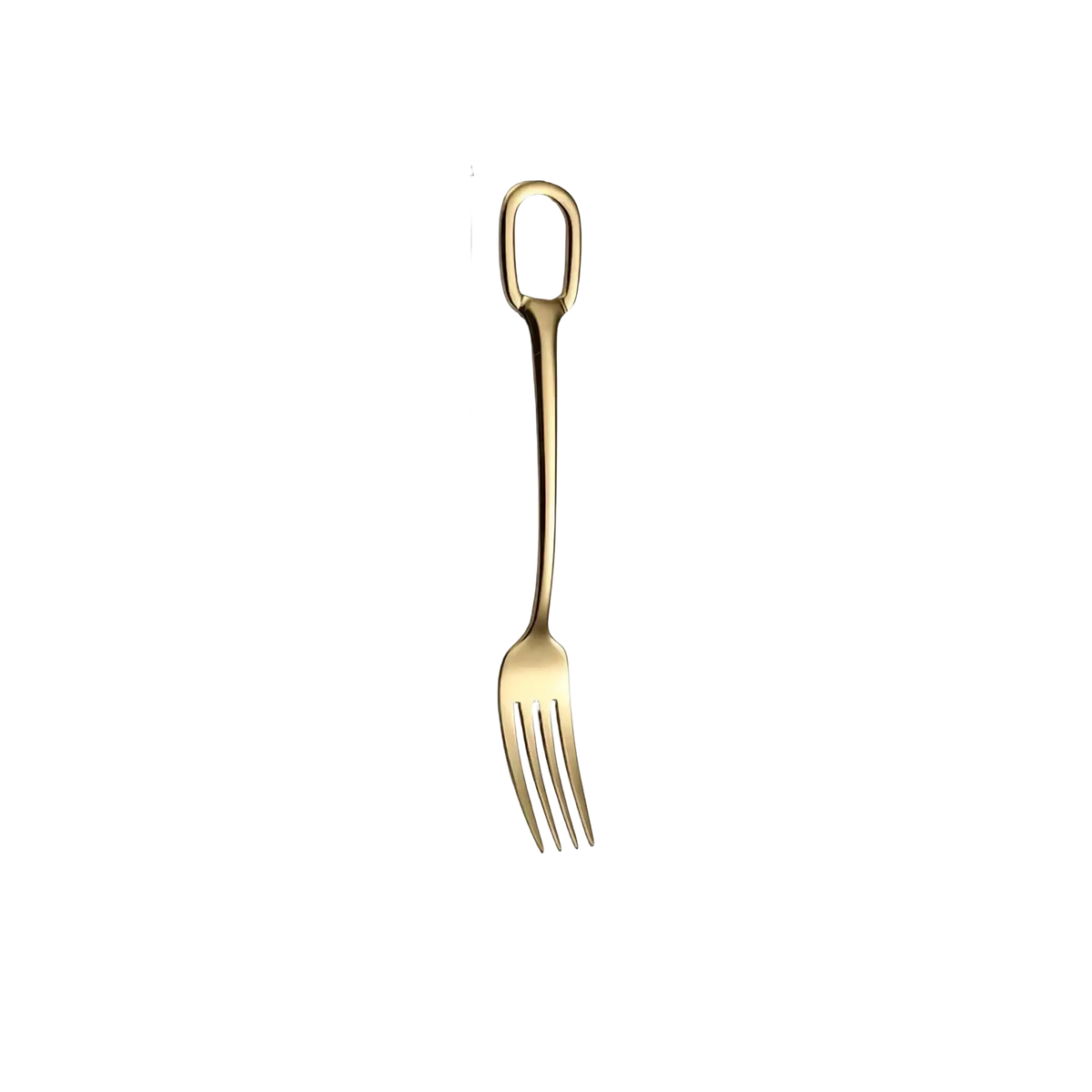 Gold-colored stainless steel dessert fork with looped handle and four tines from flatware set measuring 14.5 cm