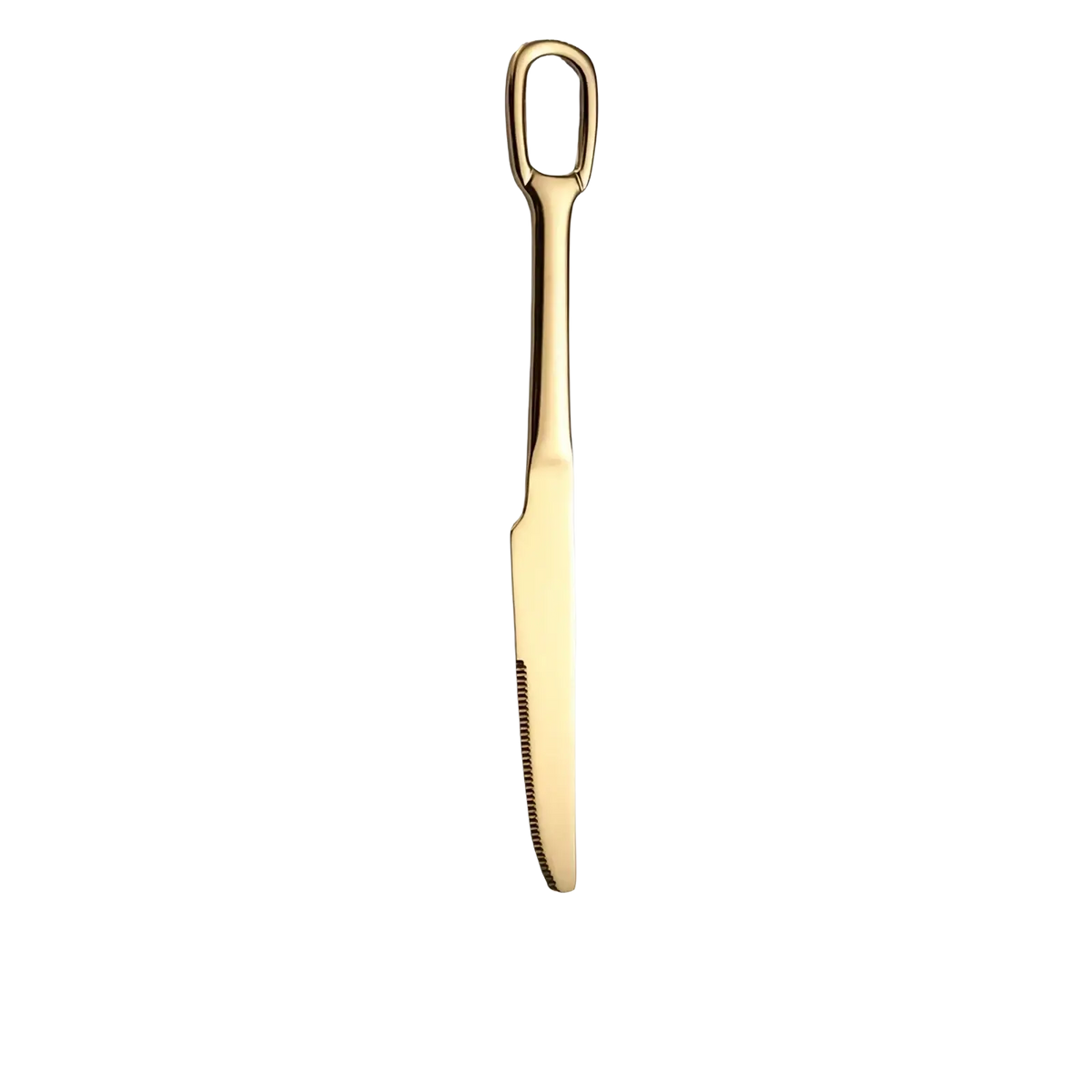Gold-colored stainless steel dinner knife with polished finish and serrated edge from flatware set with loop handles