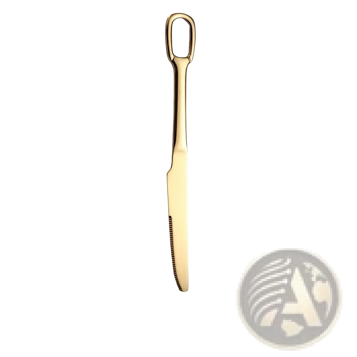 Gold-colored stainless steel dinner knife with polished finish and serrated edge from flatware set with loop handles