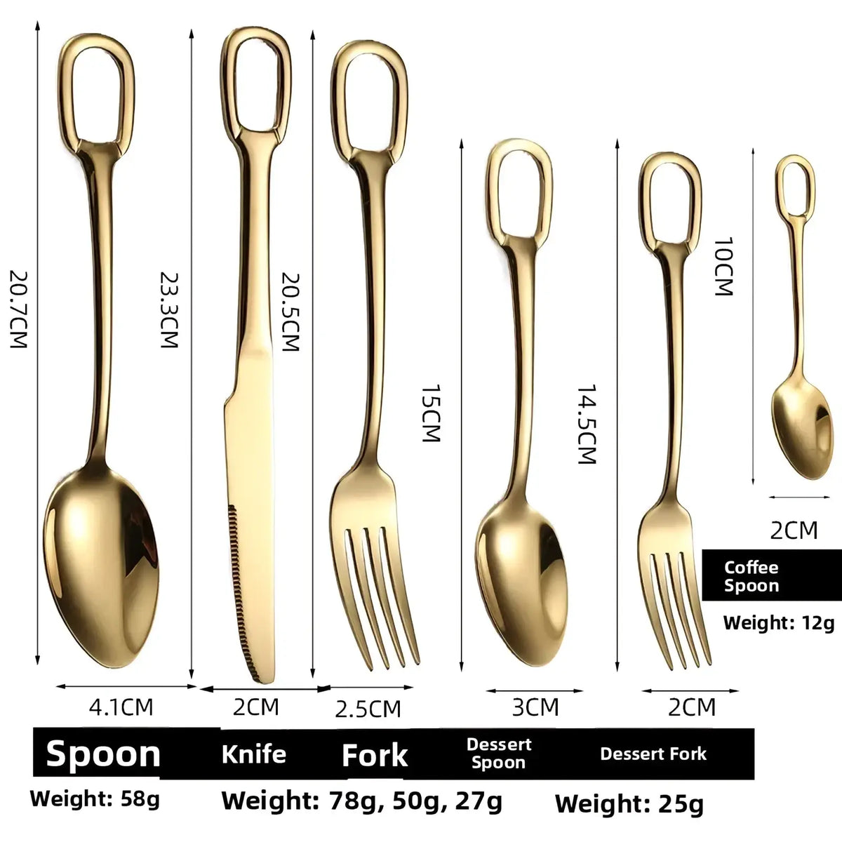 Gold-colored stainless steel flatware set featuring sleek metal cutlery with distinctive loop handle design