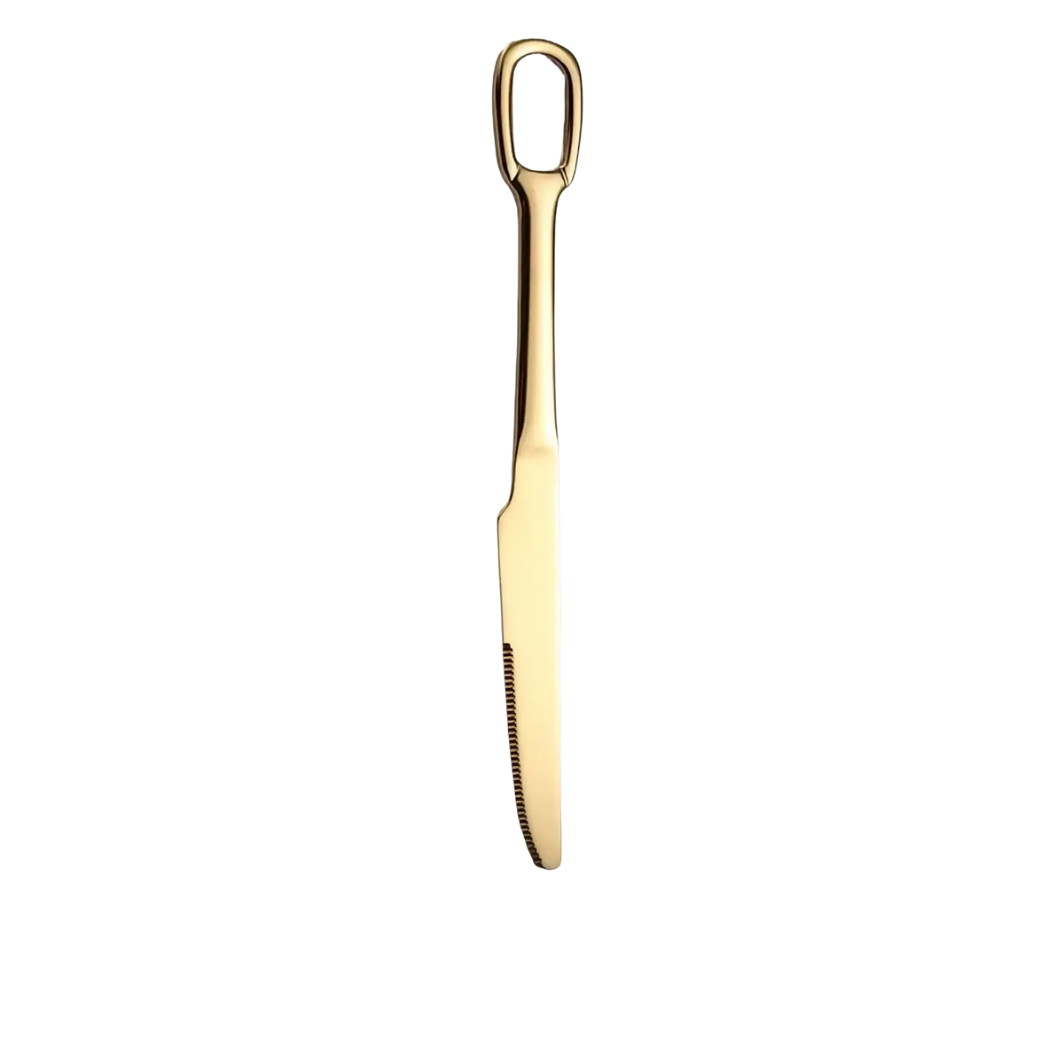 Gold-colored stainless steel table knife with polished metallic finish serrated edge from flatware set with loop handles