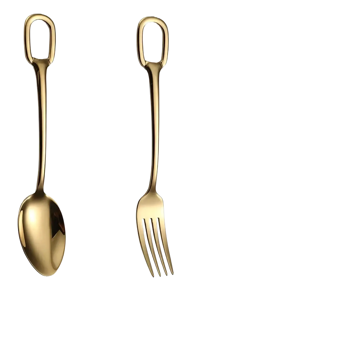 Gold-colored stainless steel flatware set with sleek spoon and fork featuring loop handles for elegant dining