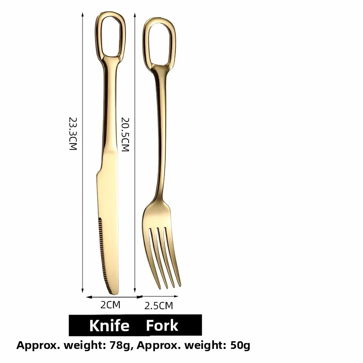 Gold-colored stainless steel flatware set featuring a sleek knife and fork with looped handles for elegant dining