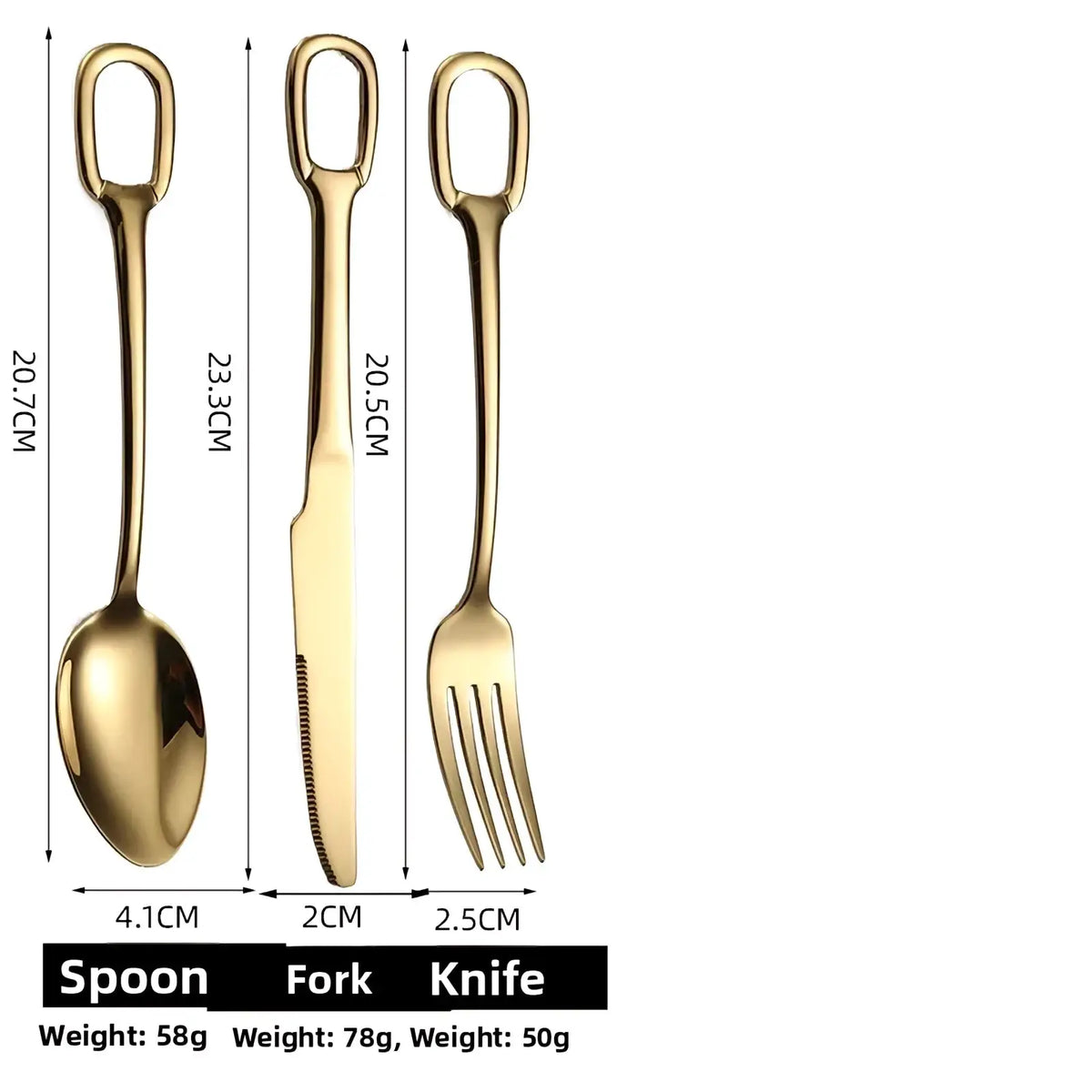 Gold-colored stainless steel flatware set with loop handles featuring a spoon fork and knife with sleek design