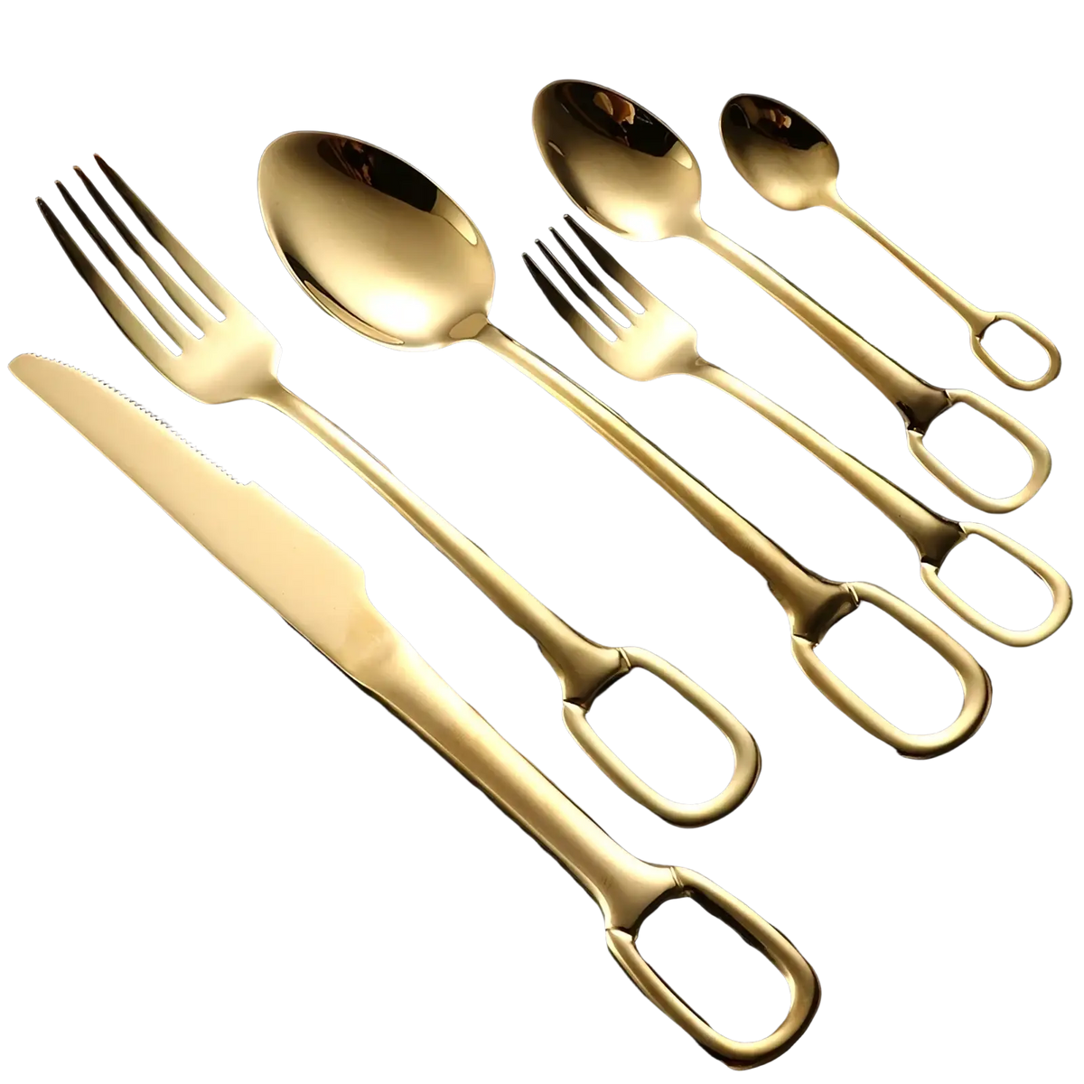 Golden stainless steel flatware set with sleek polished handles featuring a distinctive looped design