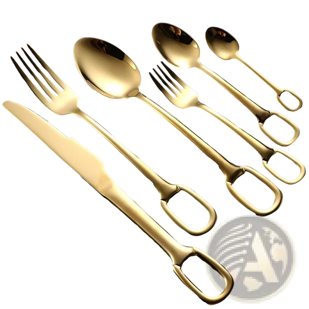 Golden stainless steel flatware set with sleek polished handles featuring a distinctive looped design