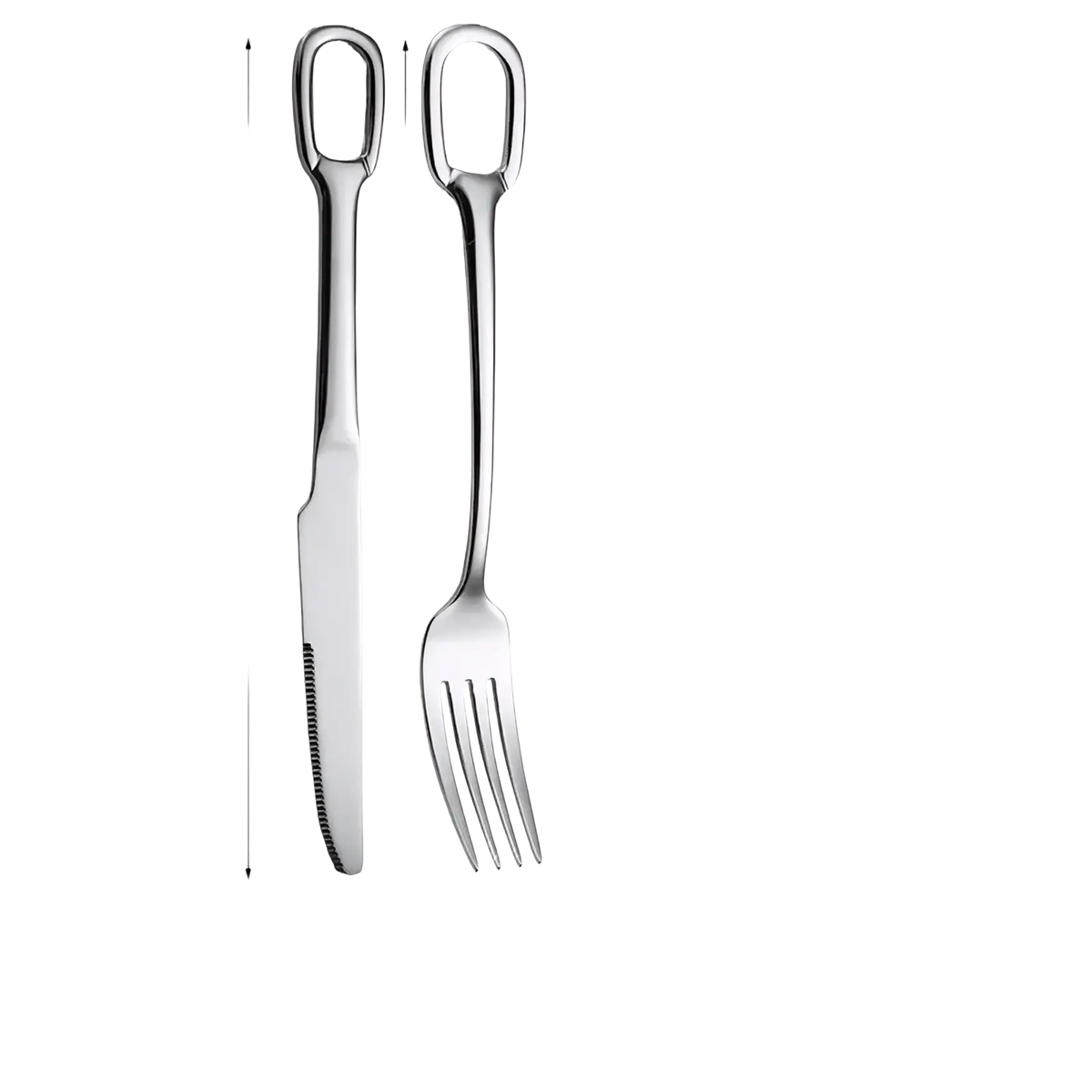 Stainless steel flatware set with loop handles featuring a 23.3cm knife and 20.5cm fork in silver tone