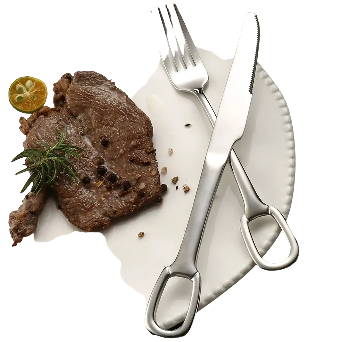 Shiny stainless steel steak tongs with ergonomic loop handles from the stainless steel flatware set