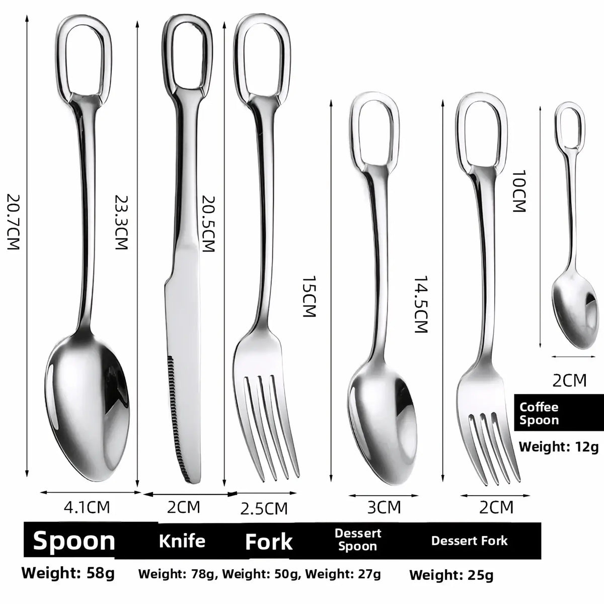 Set of six stainless steel flatware with loop handles including spoon knife fork dessert spoon fork and coffee spoon