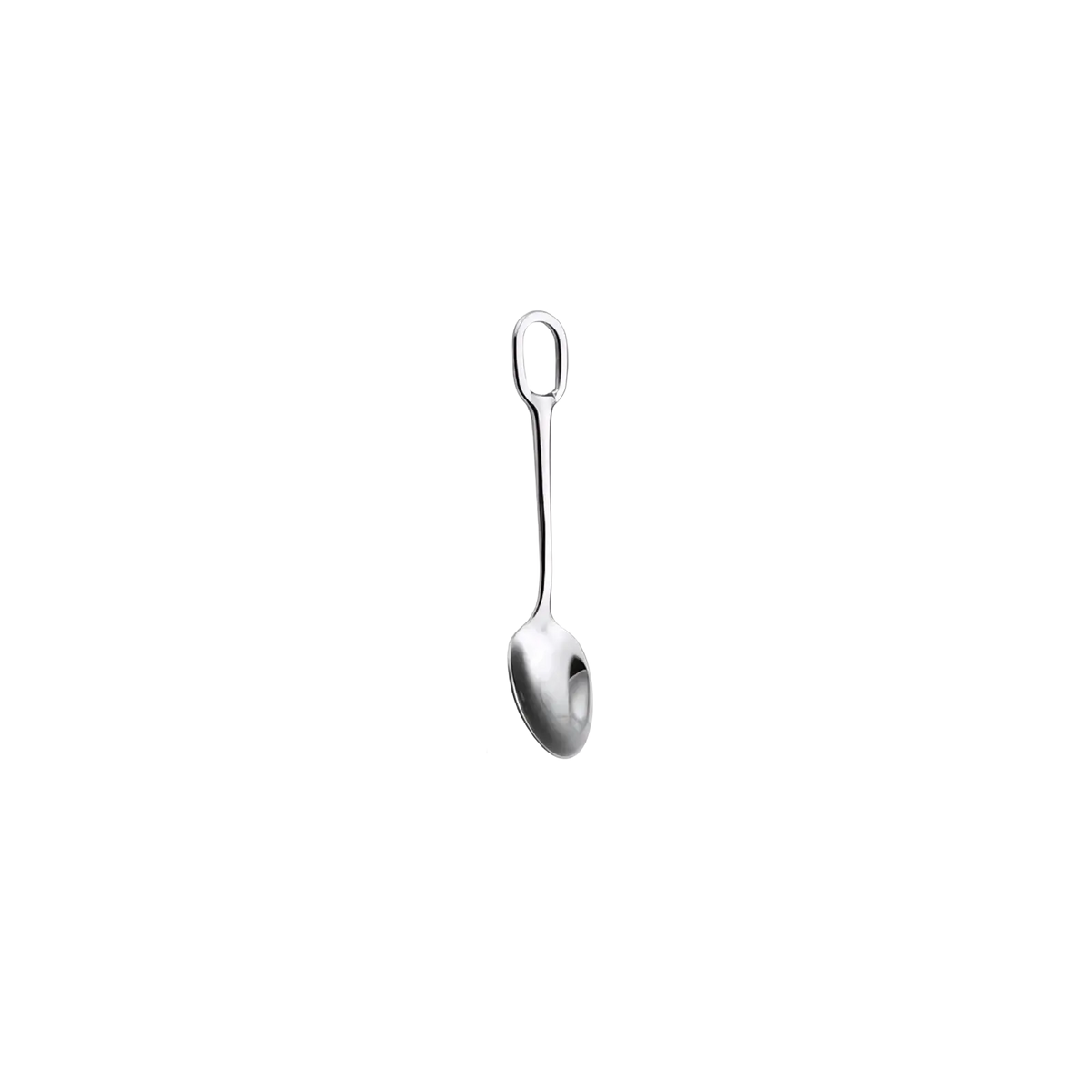 A sleek 10cm stainless steel coffee spoon with polished finish and integrated loop handle from a flatware set