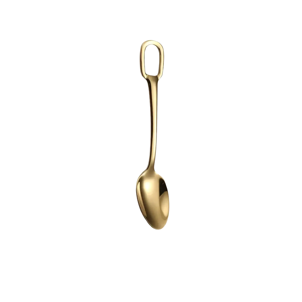 A sleek 15cm gold stainless steel dessert spoon with polished metallic finish and elegant loop handle from flatware set