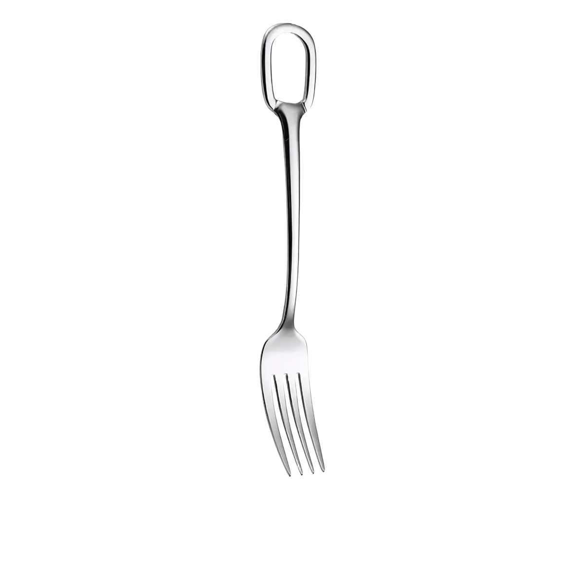 A sleek 20.5cm stainless steel flatware fork with polished loop handle and four tines weighing 50g