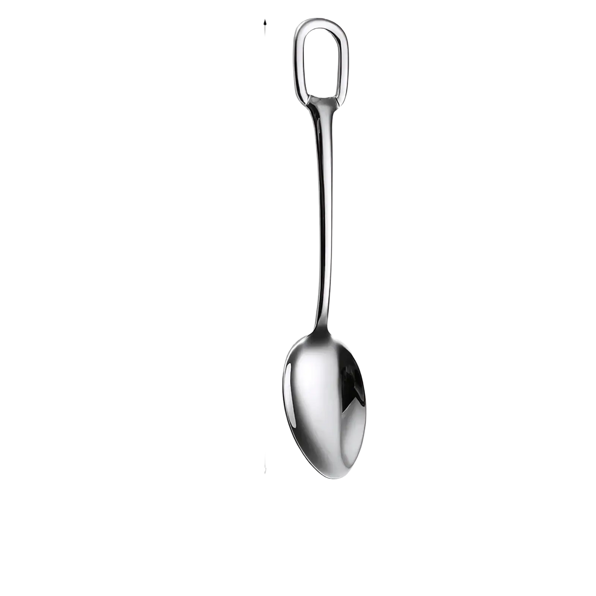 Stainless steel spoon from flatware set with polished finish and loop handle for hanging and carrying